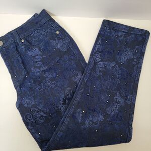 DG2 Womens Dark Blue Velvet Luxury Damask & Rhinestones Jeans 10P EUC